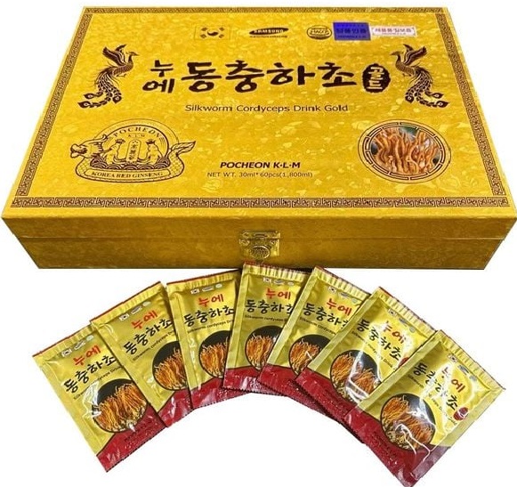 Nước đông trùng hạ thảo Pocheon Hàn Quốc hộp gỗ vàng 60 gói x 30ml